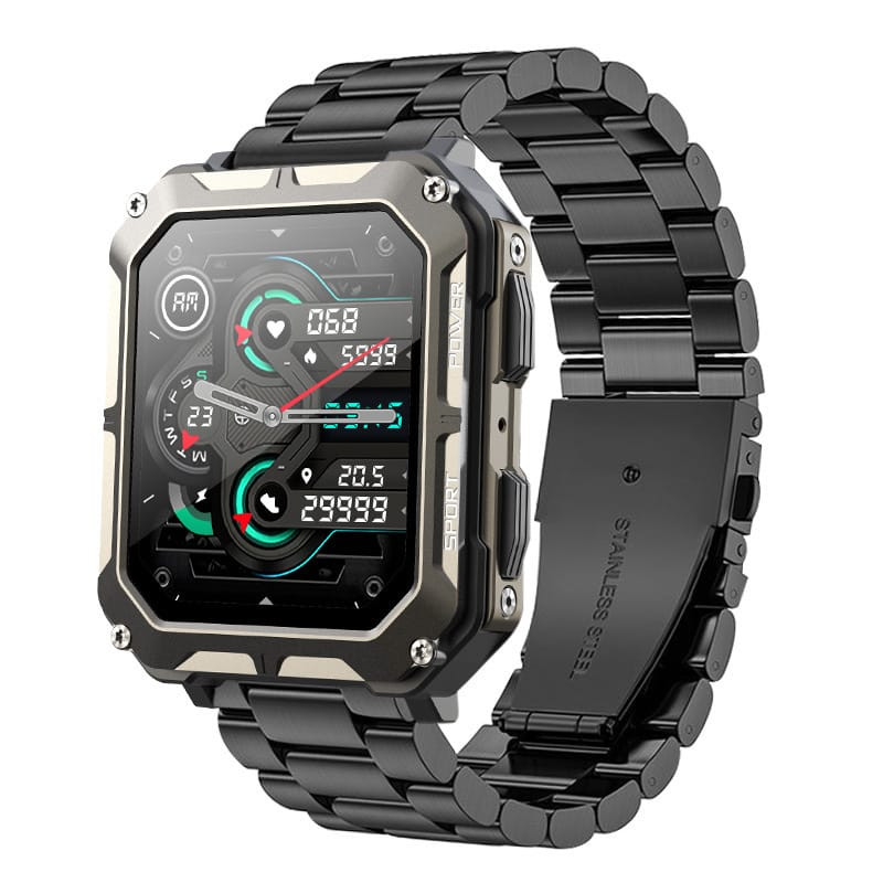Smart Watch C20 Pro ütésálló IP68 outdoor telefonfunkciós okosóra fémszíjjal - fekete